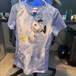 Peanuts Blue Scrub Top with Snoopy and Woodstock